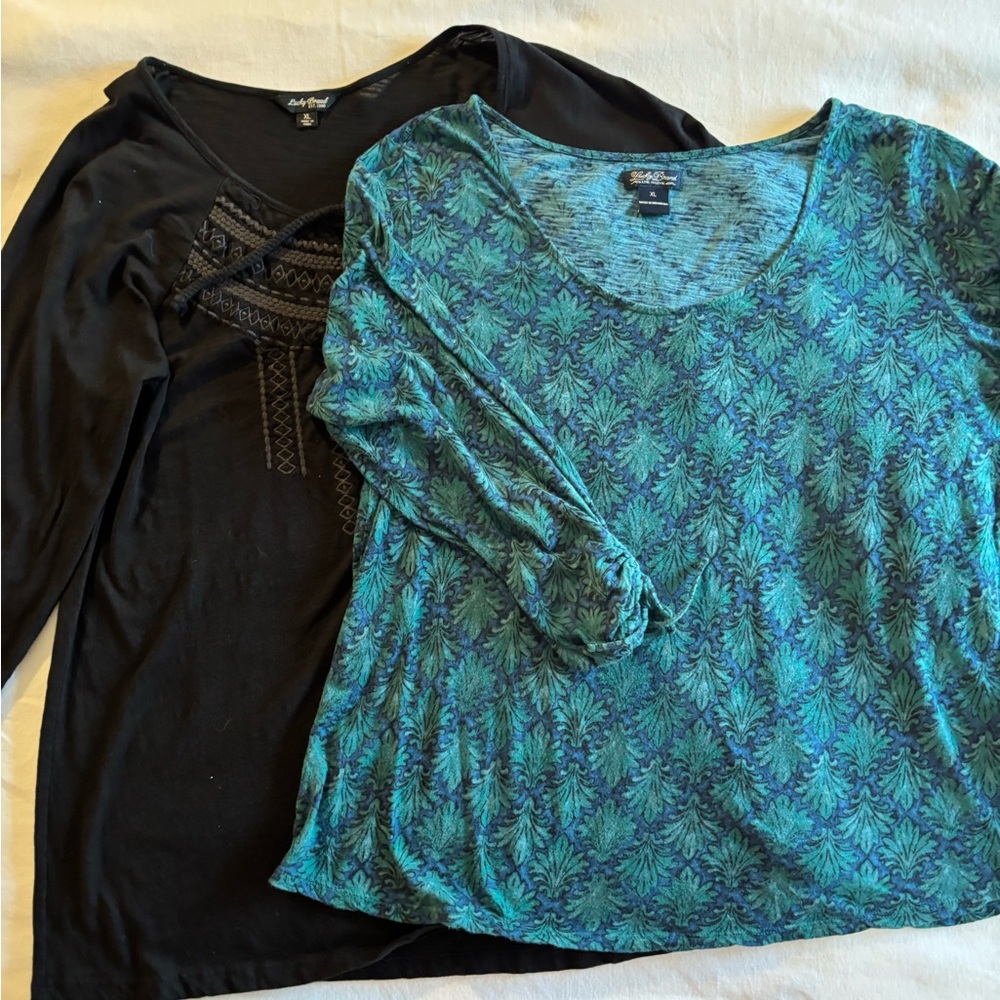 Lucky Brand Black and Teal Long Sleeve Tops.